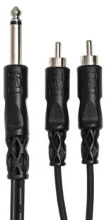 Hosa CYR-102 Y cable showing 1/4 inch TS and dual RCA connectors in detail