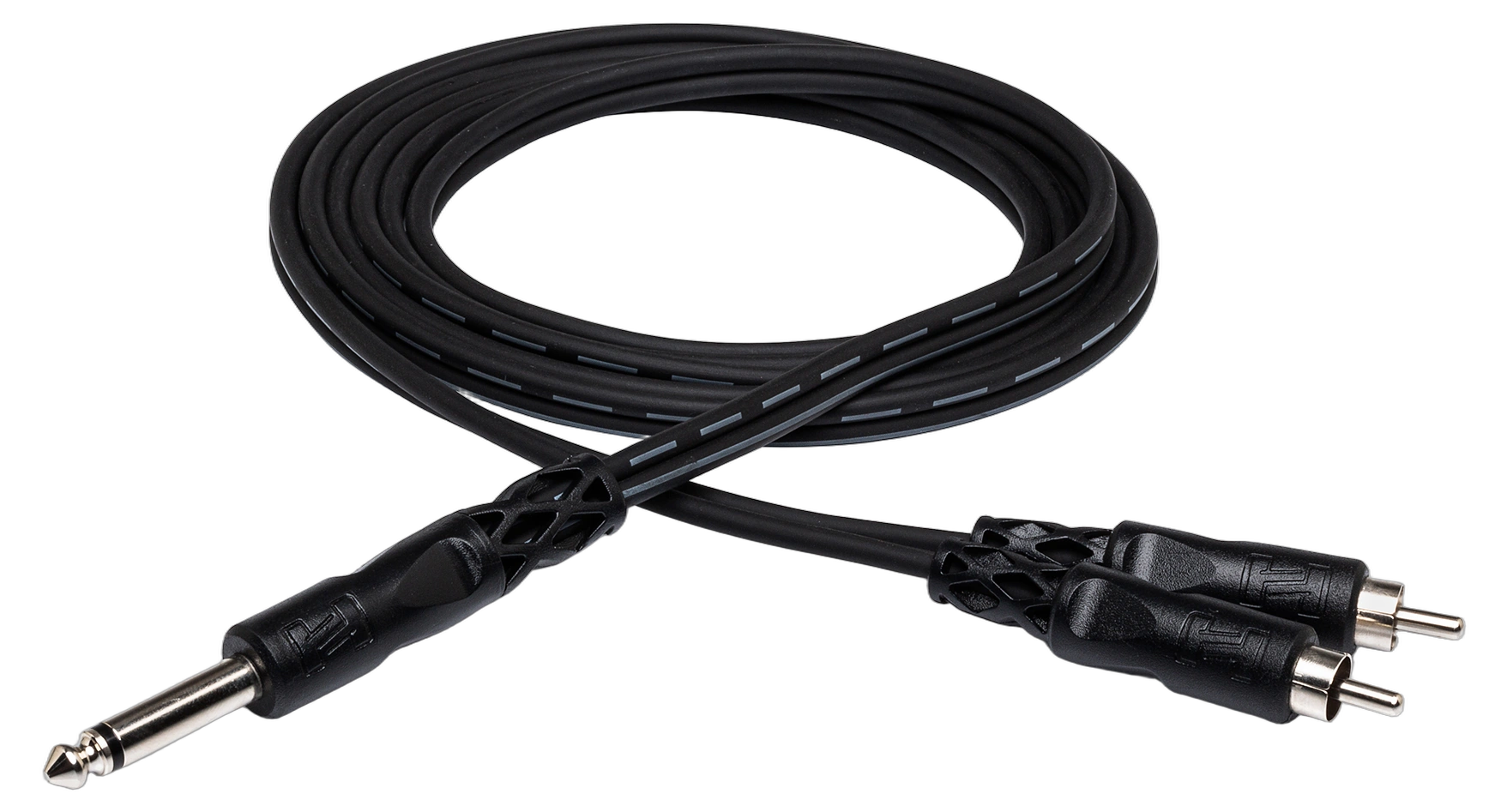 Hosa CYR-103 Y Cable 1/4 TS to Dual RCA Hosa CYR-103 Y cable adapter with 1/4 inch TS male connector and dual RCA female connectors