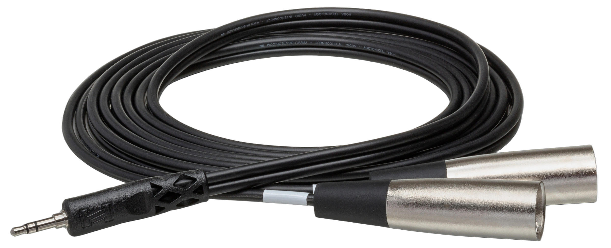 Hosa CYX-402M Stereo Breakout Cable Front View Hosa CYX-402M stereo breakout cable with 3.5mm TRS jack and dual XLR male connectors