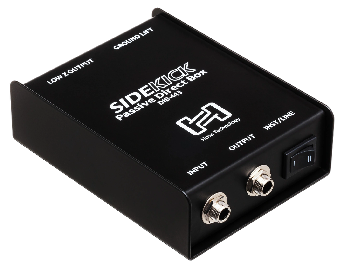 Hosa DIB-443 Sidekick Passive DI Box Front View Hosa DIB-443 Sidekick passive DI box with 1/4 inch TS input and XLR male output connectors