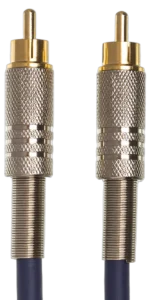 Hosa DRA-502 S/PDIF coaxial RCA cable connector detail showing gold-plated connectors and shielding