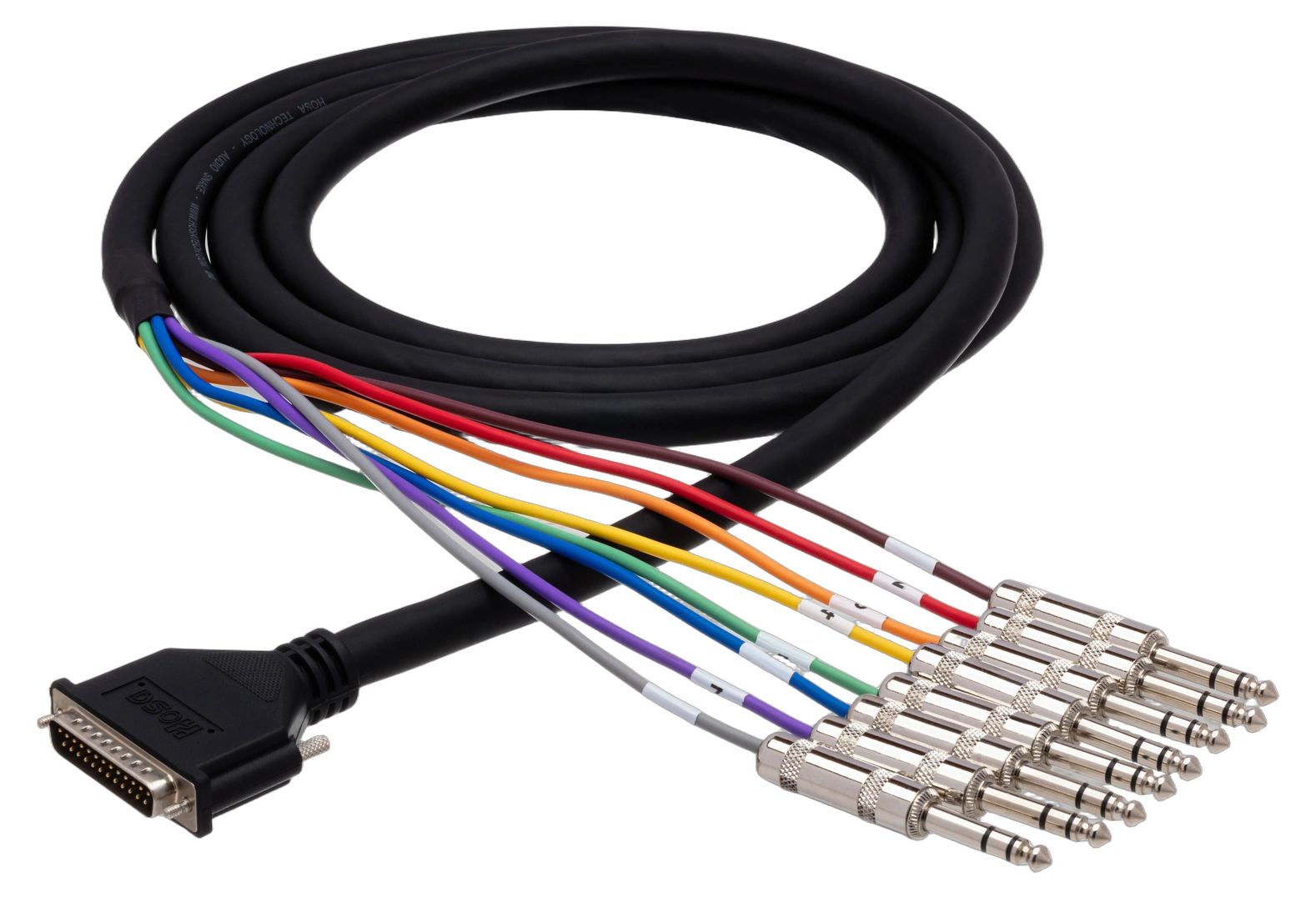 Hosa DTP-805 Balanced Snake Cable Front View Hosa DTP-805 balanced snake cable with DB25 connector and 1/4 inch TRS connectors, 5 meter length