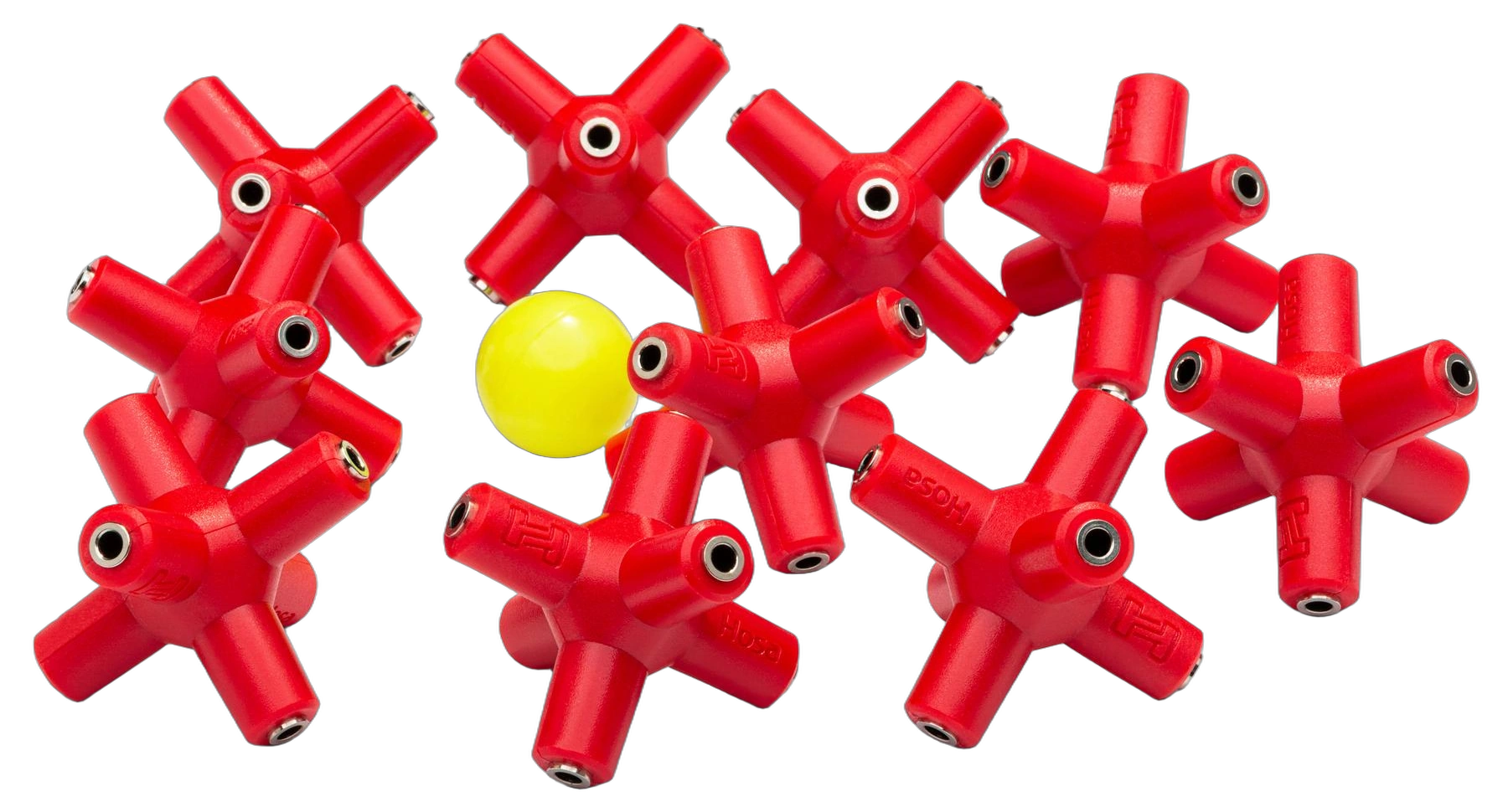 Hosa GMM-105 Knucklebones Signal Splitter 3.5mm Red Hosa GMM-105 Knucklebones red 3.5mm signal splitter adapter showing connector detail