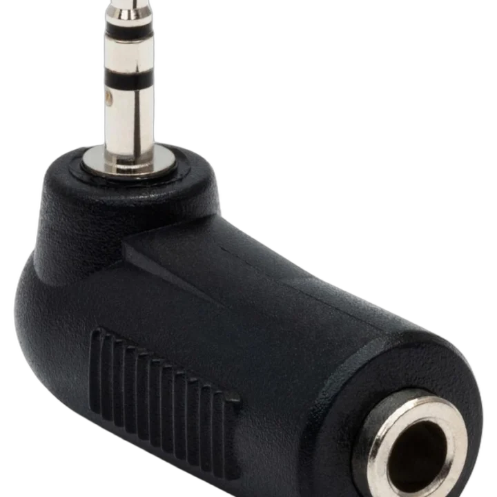 Hosa GMP-467 right-angle adapter with 3.5mm TRS and 2.5mm TRS connectors featured