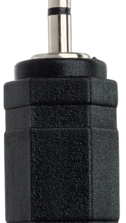 Hosa GMP-471 adapter connected between 3.5mm TRS and 2.5mm TRS audio cables in studio setup