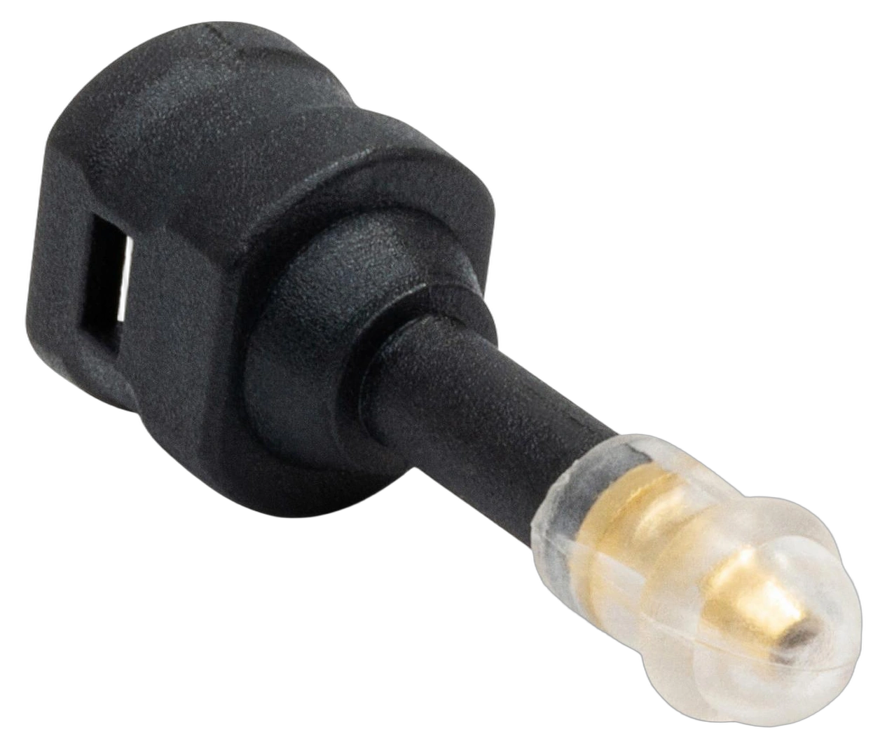 Hosa GOP-490 Fiber Optic Toslink to Mini-Toslink Adapter Hosa GOP-490 fiber optic adapter with Toslink and mini-Toslink connectors, front view