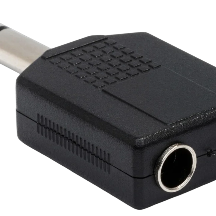 Hosa GPP-359 dual 1/4 inch TRS to TRS adapter showing gold-plated connectors and professional construction