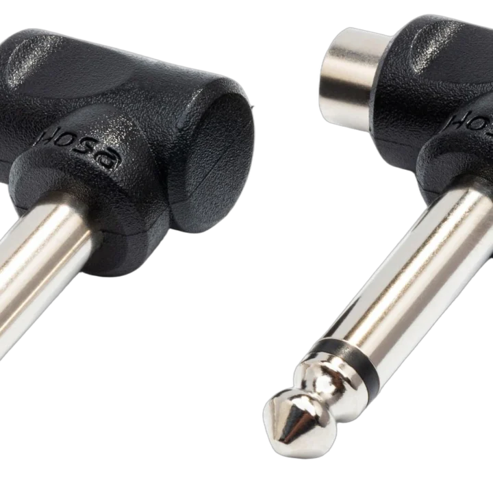 Hosa GPR-123 right-angle adapter pair converting RCA to 1/4 inch TS connectors