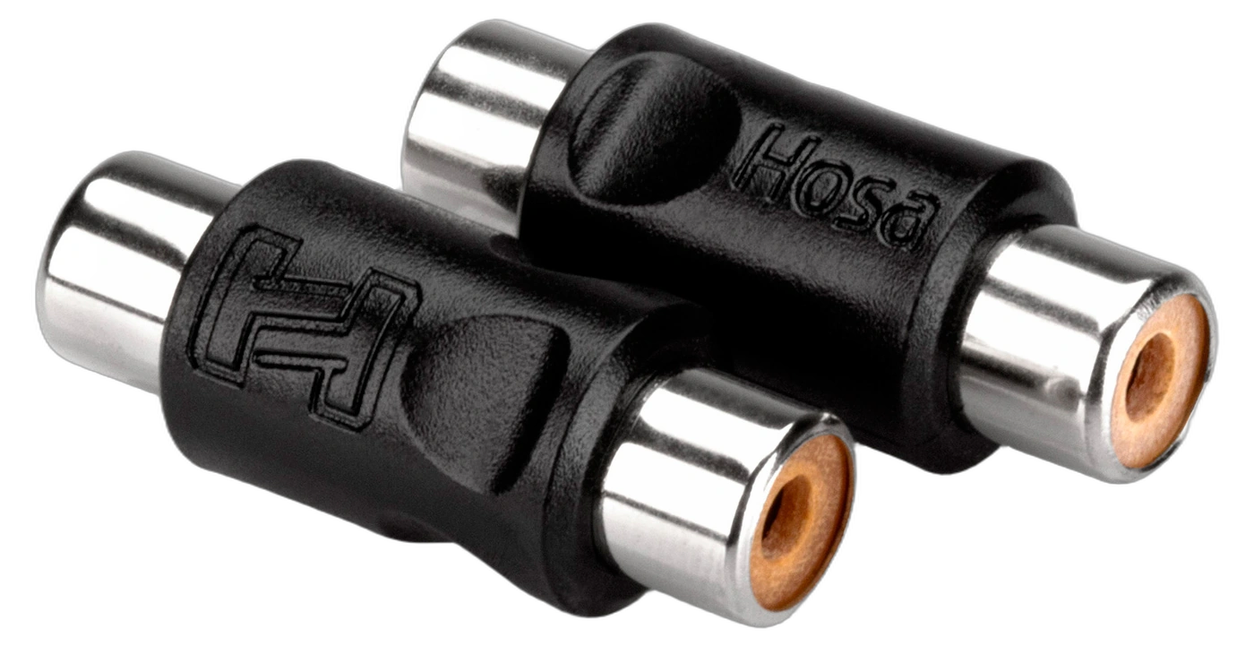 Hosa GRA-101 RCA Coupler Connectors Front View Hosa GRA-101 RCA to RCA coupler connectors, two-piece gold-plated adapter set