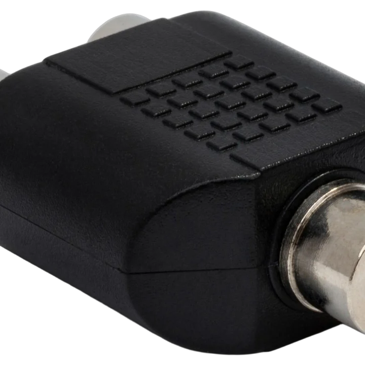 Hosa GRF-341 audio coupler adapter connecting 3.5mm TRS jack to dual RCA connectors