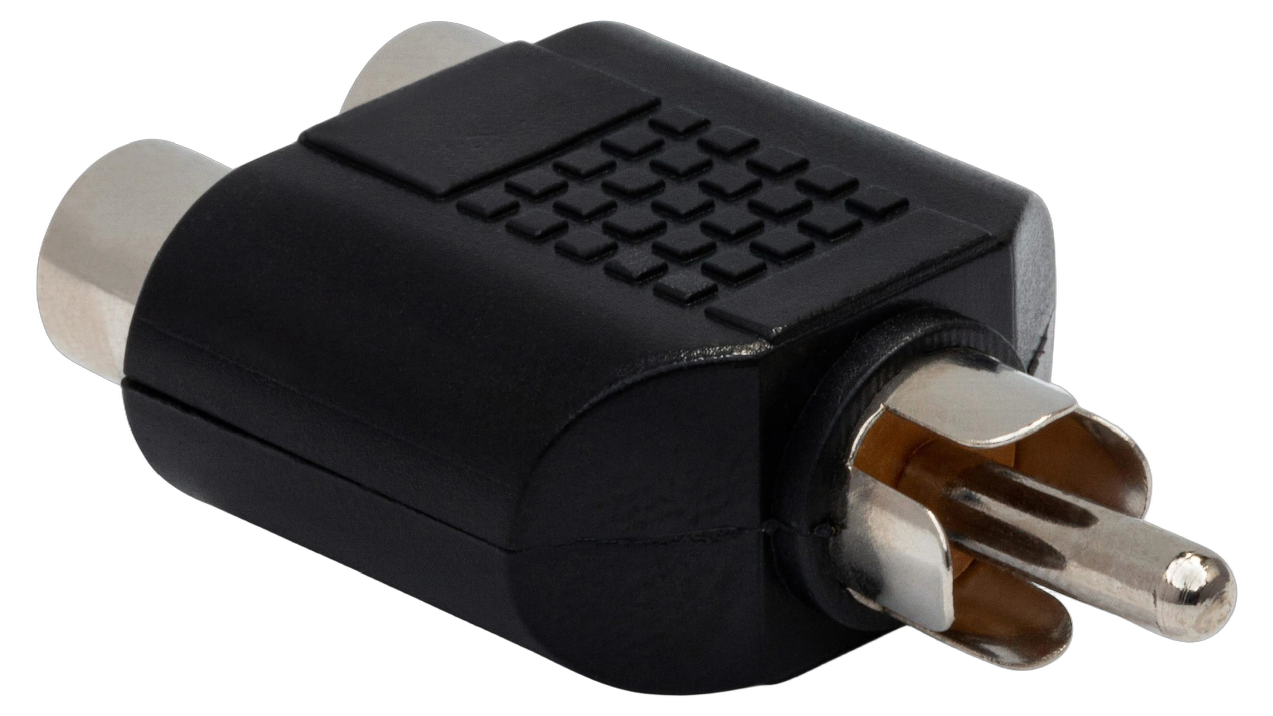 Hosa GRF-398 Dual RCA to RCA Adapter Front View Hosa GRF-398 dual RCA to RCA adapter connector with gold-plated contacts