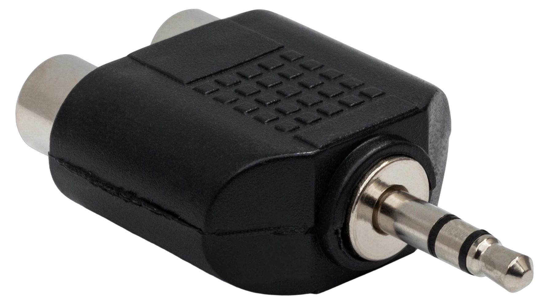 Hosa GRM-193 RCA to 3.5mm TRS Adapter Front View Hosa GRM-193 dual RCA to 3.5mm TRS adapter with gold-plated connectors and black housing