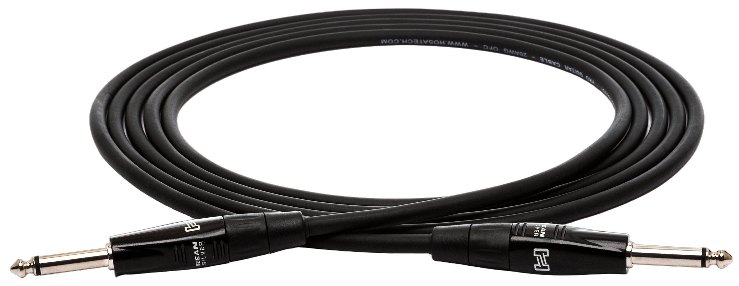 Hosa HGTR-025 Pro Guitar Cable 25ft Front View Hosa HGTR-025 professional guitar cable with Neutrik Rean connectors, 25-foot length coiled display