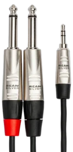 Hosa HMP-010Y stereo breakout cable showing 3.5mm TRS connector and dual 1/4 inch connectors detail