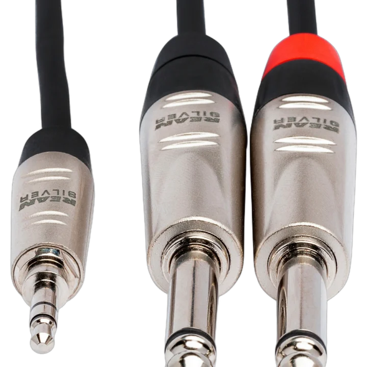 Hosa HMP-010Y stereo breakout cable showing 3.5mm TRS and dual 1/4 inch connectors detail