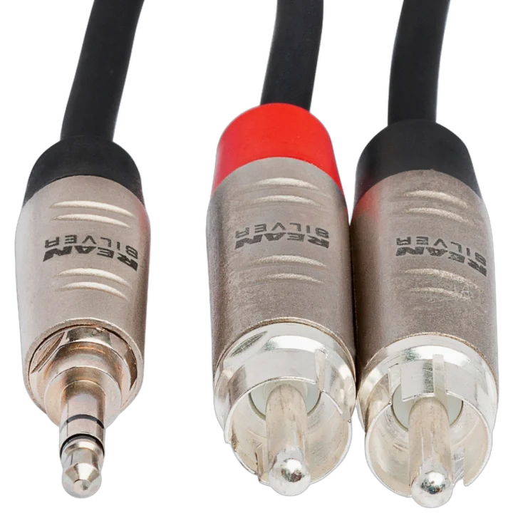 Hosa HMR-010Y pro stereo breakout cable showing 3.5mm TRS and dual RCA connectors detail