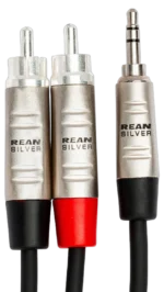 Hosa HMR-010Y stereo breakout cable showing Rean 3.5mm TRS and dual RCA connectors in detail