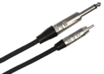 Hosa HPR-010 pro unbalanced interconnect cable showing Rean 1/4 inch TS and RCA connectors detail