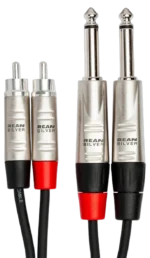 Hosa HPR-010X2 pro stereo interconnect cable showing dual RCA connectors and 1/4 inch TS connections