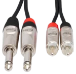 Hosa HPR-010X2 stereo interconnect cable showing dual RCA and 1/4 inch TS connectors