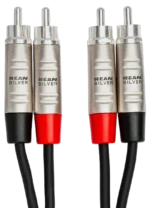 Hosa HRR-010X2 pro stereo interconnect cable showing dual RCA connectors and gold-plated contacts detail