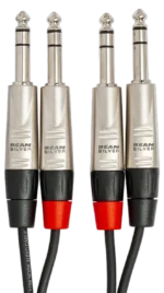 Hosa HSS-010X2 pro stereo interconnect cable showing dual RCA connectors and TRS jack detail