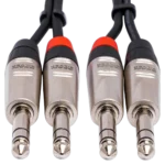 Hosa HSS-010X2 pro stereo interconnect cable showing dual 1/4 inch TRS connectors and cable construction