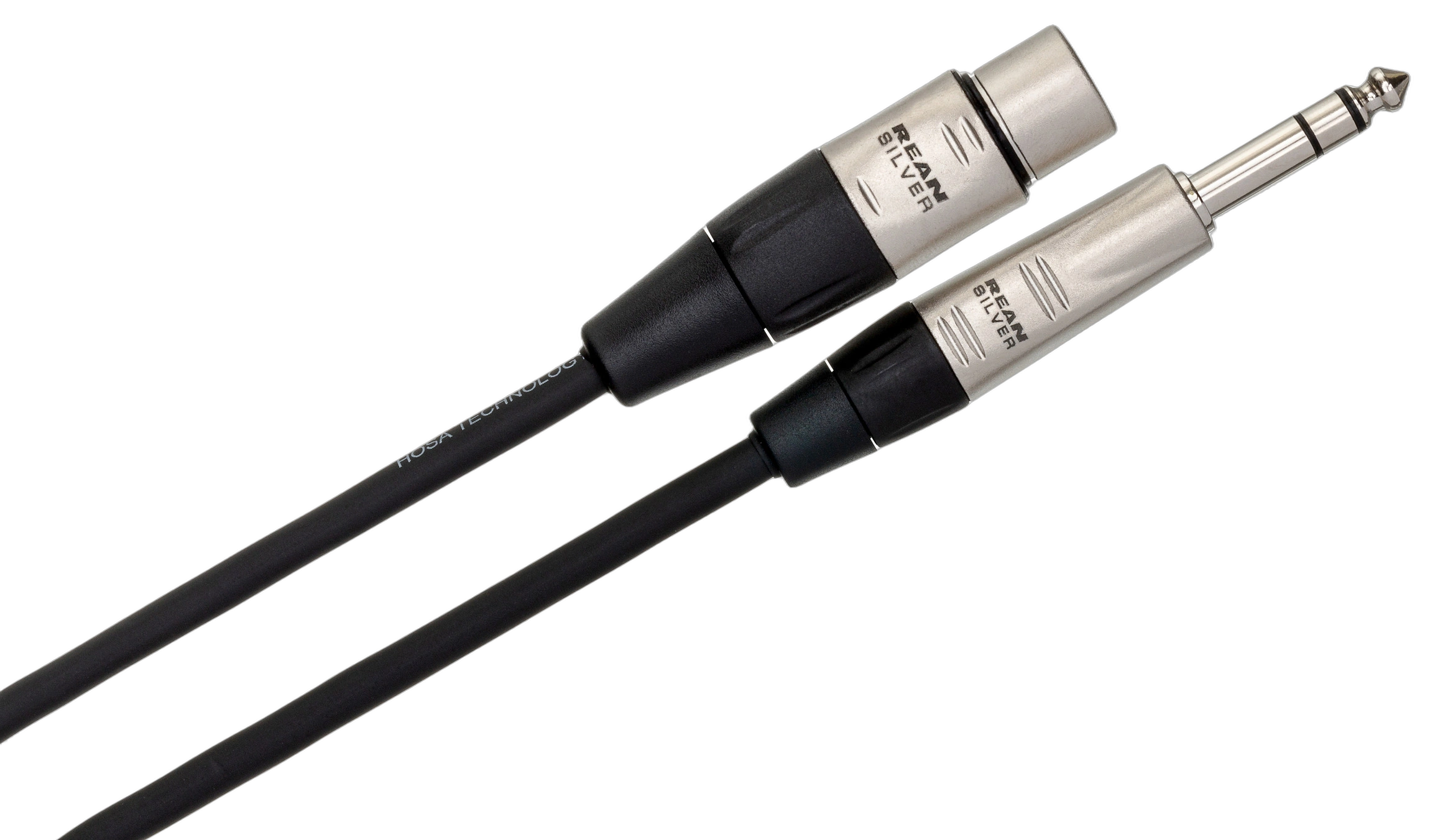 Hosa HXS-010 Pro Balanced Interconnect Cable Detail Hosa HXS-010 pro balanced interconnect cable showing Rean XLR female and quarter-inch TRS connectors
