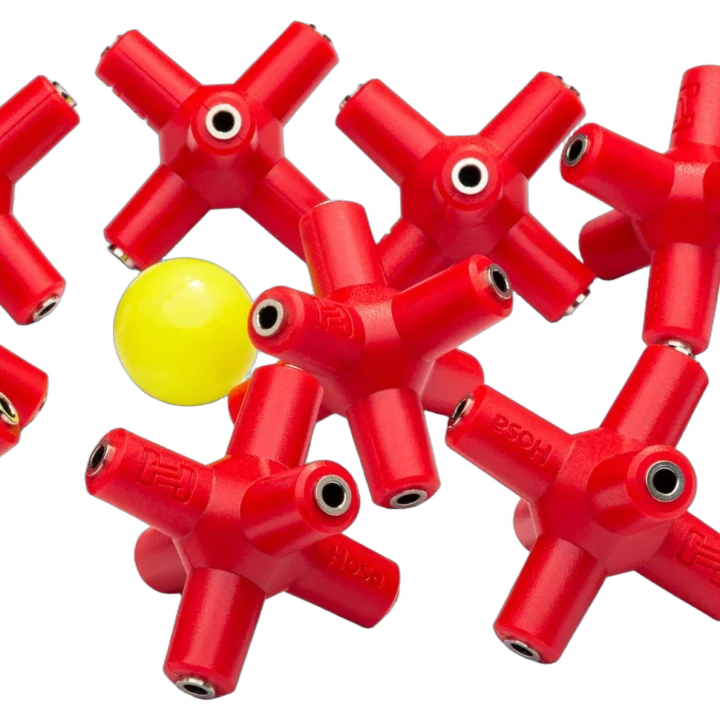 Hosa Knucklebones red 3.5mm signal splitter adapters showing connector detail and pack contents