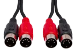 Hosa MID-202 dual MIDI cable showing dual 5-pin DIN connectors and cable construction detail
