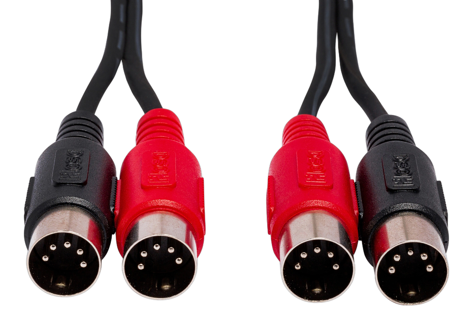 Hosa MID-202 Dual MIDI Cable Connectors Detail Hosa MID-202 dual MIDI cable showing dual 5-pin DIN connectors and cable construction detail