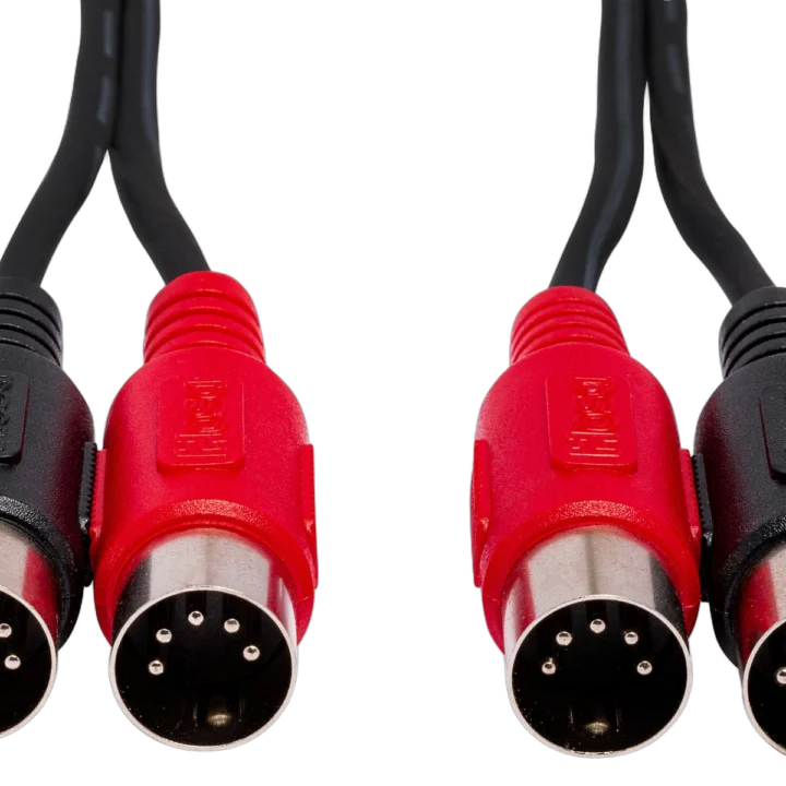 Hosa MID-203 dual MIDI cable showing dual 5-pin DIN connectors and cable construction detail