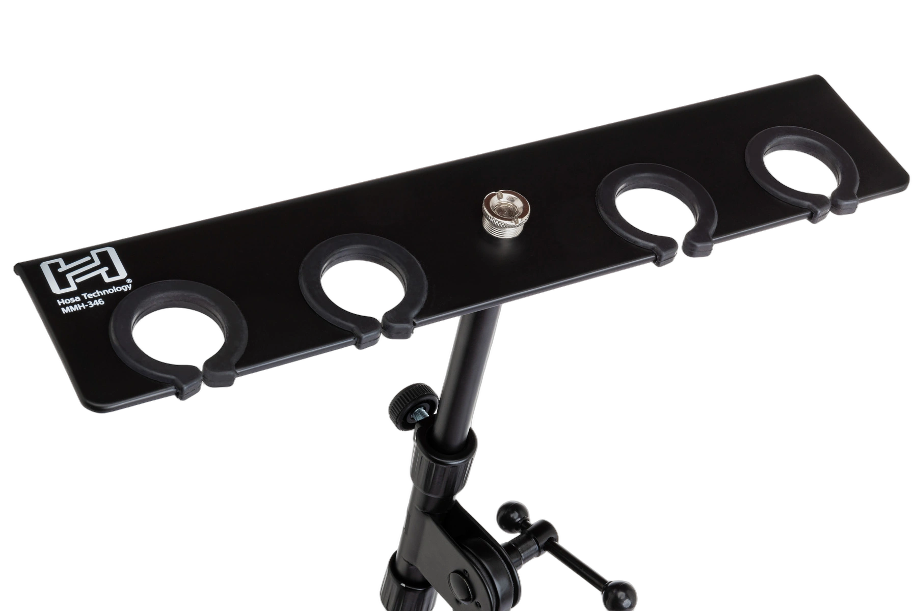 Hosa MMH-346 Quad Microphone Holder Stand Mount Hosa MMH-346 quad microphone holder with four adjustable clips mounted on stand