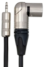 Hosa MMX-025 camcorder microphone cable showing 3.5mm TRS to Neutrik XLR male connectors close-up