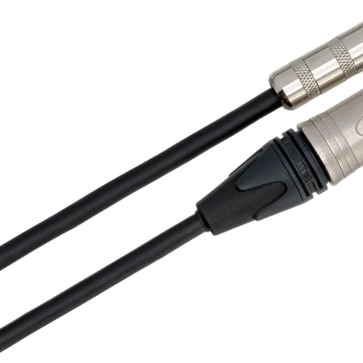 Hosa MMX-025 camcorder microphone cable showing 3.5mm TRS and Neutrik XLR connectors in detail