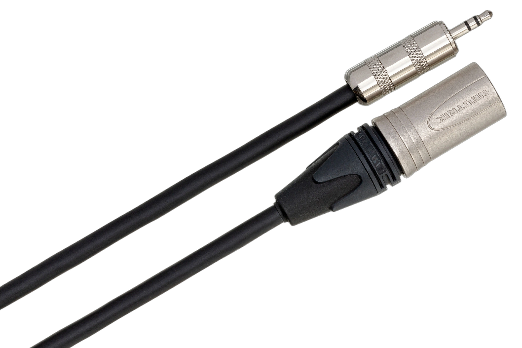 Hosa MMX-025 Microphone Cable Connector Detail Hosa MMX-025 camcorder microphone cable showing 3.5mm TRS and Neutrik XLR connectors in detail