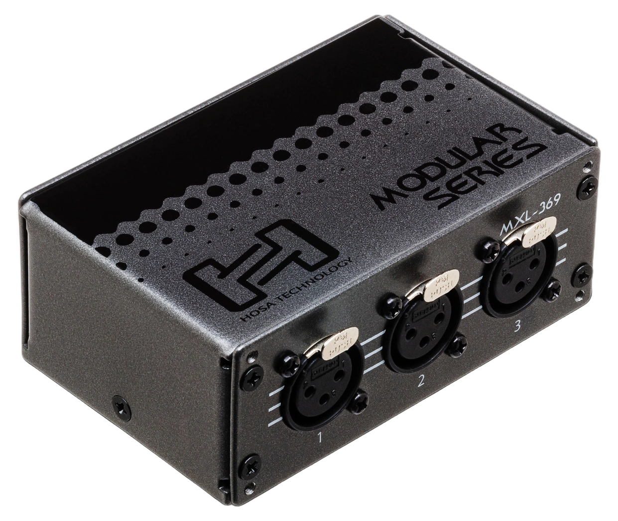 Hosa MXL-369 Patch Bay Module XLR Front View Hosa MXL-369 three-point XLR patch bay module with female and male connectors front panel