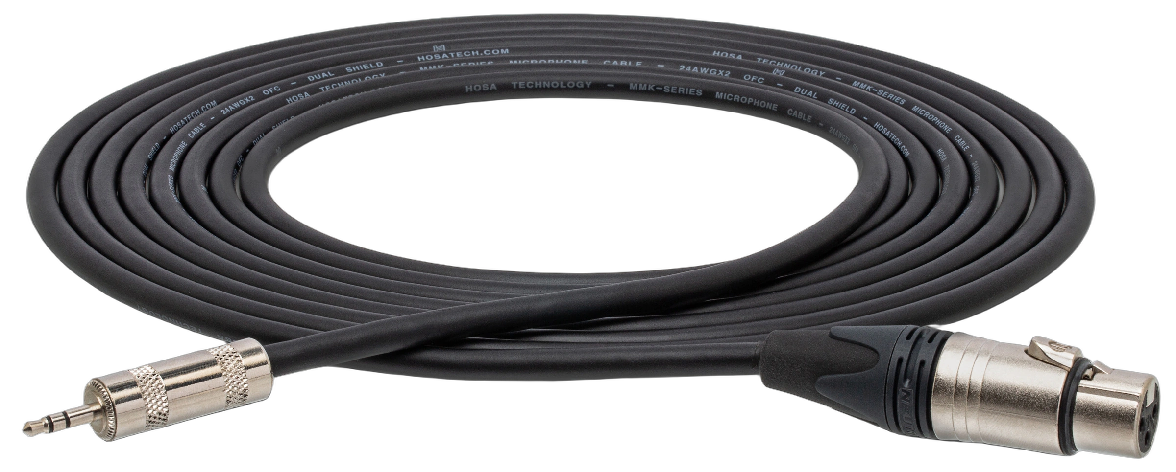 Hosa MXM-001.5RS Camcorder Microphone Cable Neutrik XLR Hosa MXM-001.5RS camcorder microphone cable with Neutrik right-angle XLR female connector and 3.5mm jack