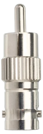 Hosa NBR-271 75-ohm BNC to RCA adapter connected between professional audio equipment