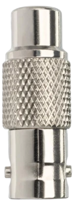 Hosa NBR-321 75-ohm coupler adapter with BNC and RCA connectors shown from side angle