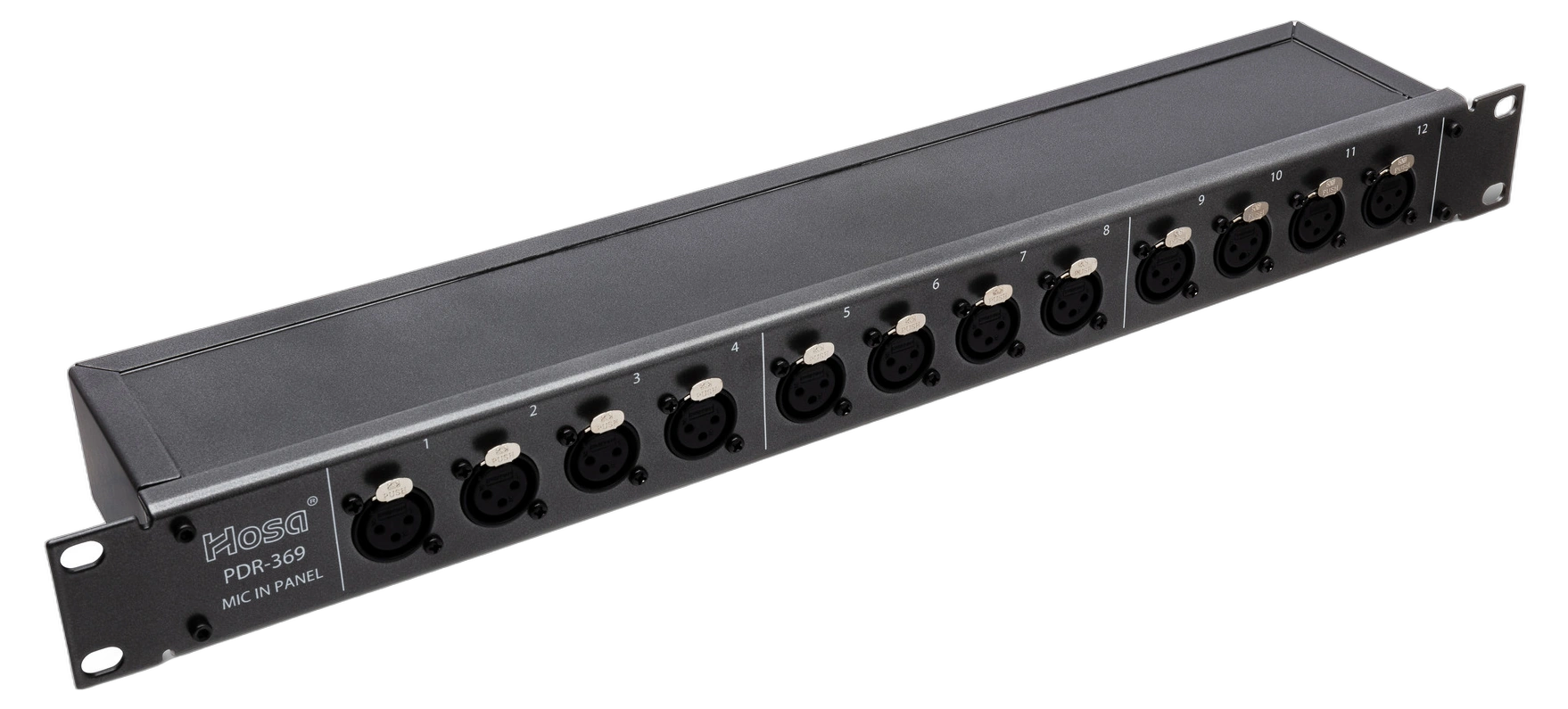 Hosa PDR-369 12-point Patch Bay Front View Hosa PDR-369 12-point de-normalled patch bay with XLR female to male connectors front panel