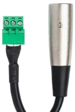 Hosa PHX-106M low-voltage adapter showing PHX3M to XLR male connector detail and specifications