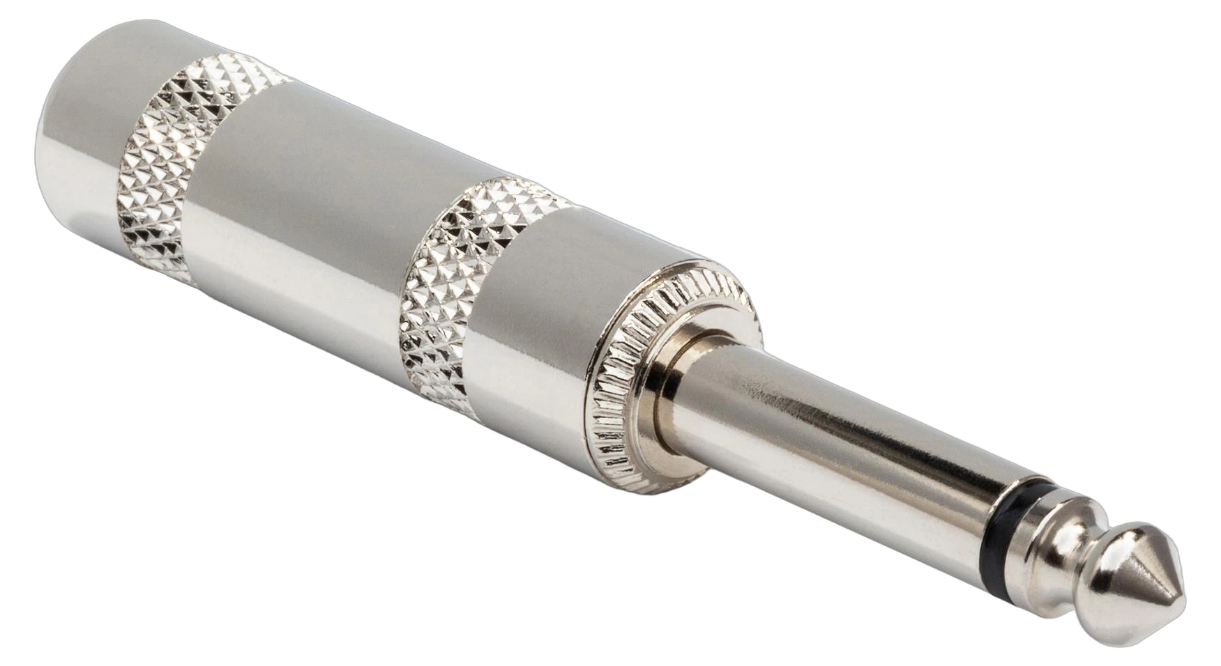 Hosa PLG-025W 1/4 Inch TS Connector Front View Hosa PLG-025W 1/4 inch TS connector with wide opening design, front view