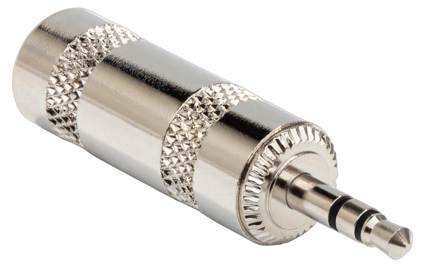 Hosa PLG-035-BULK 3.5mm TRS Connector Front View Hosa PLG-035-BULK 3.5mm TRS stereo connector with gold-plated contacts and black housing