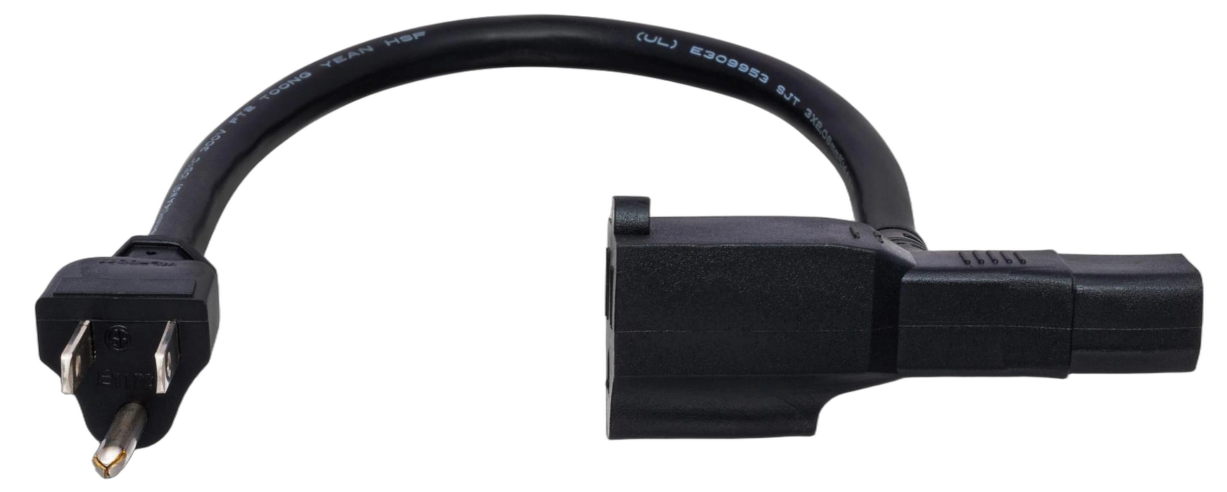 Hosa PWD-401 Power Cord Piggyback IEC C13 to NEMA 5-15P Hosa PWD-401 power cord piggyback adapter with IEC C13 and NEMA 5-15P connectors front view