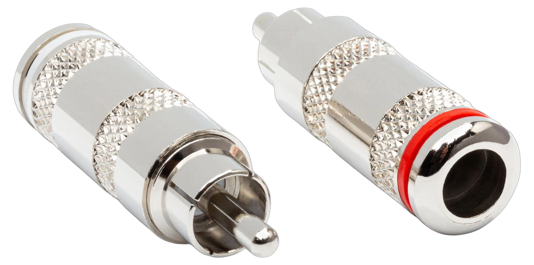 Hosa RCA-025 RCA Connector 2-Piece Set Front View Hosa RCA-025 two-piece RCA connector set with gold-plated contacts and red/white housings