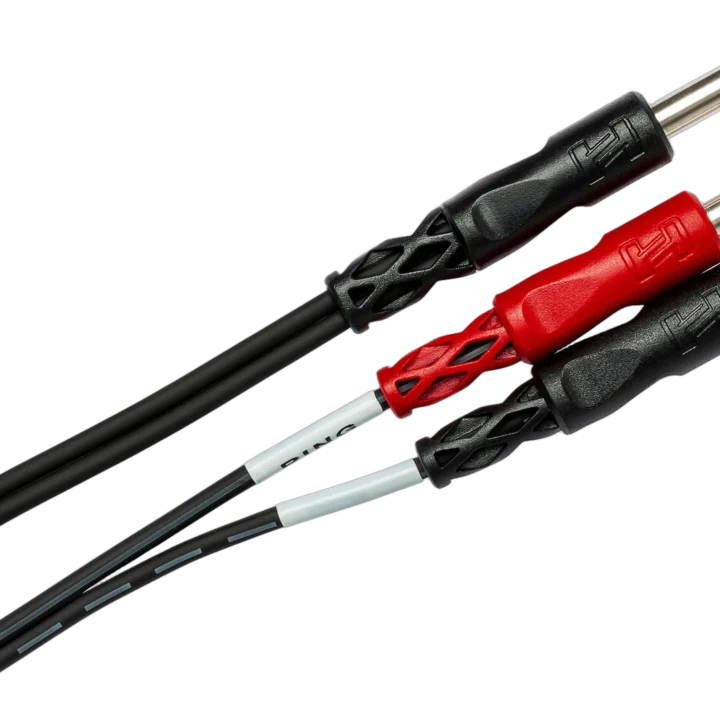 Hosa STP-203 insert cable showing 1/4 inch TRS and dual TS connectors close-up