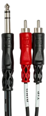 Hosa TRS-201 insert cable showing 1/4 inch TRS and dual RCA connectors in close detail