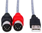 Hosa USM-422 TRACKLINK MIDI to USB interface showing dual MIDI I/O connectors and USB connectivity