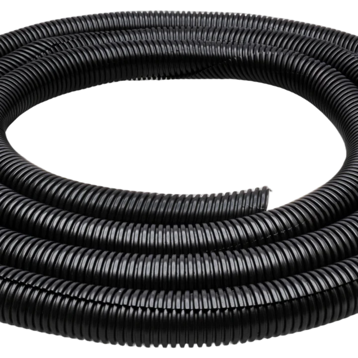 Hosa WHD-410 black split-loom cable organizer coiled showing 1-inch diameter and flexible tubing